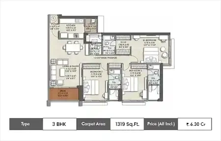 Kalpataru Advay 3 BHK floor plan, 1319 sq ft carpet area